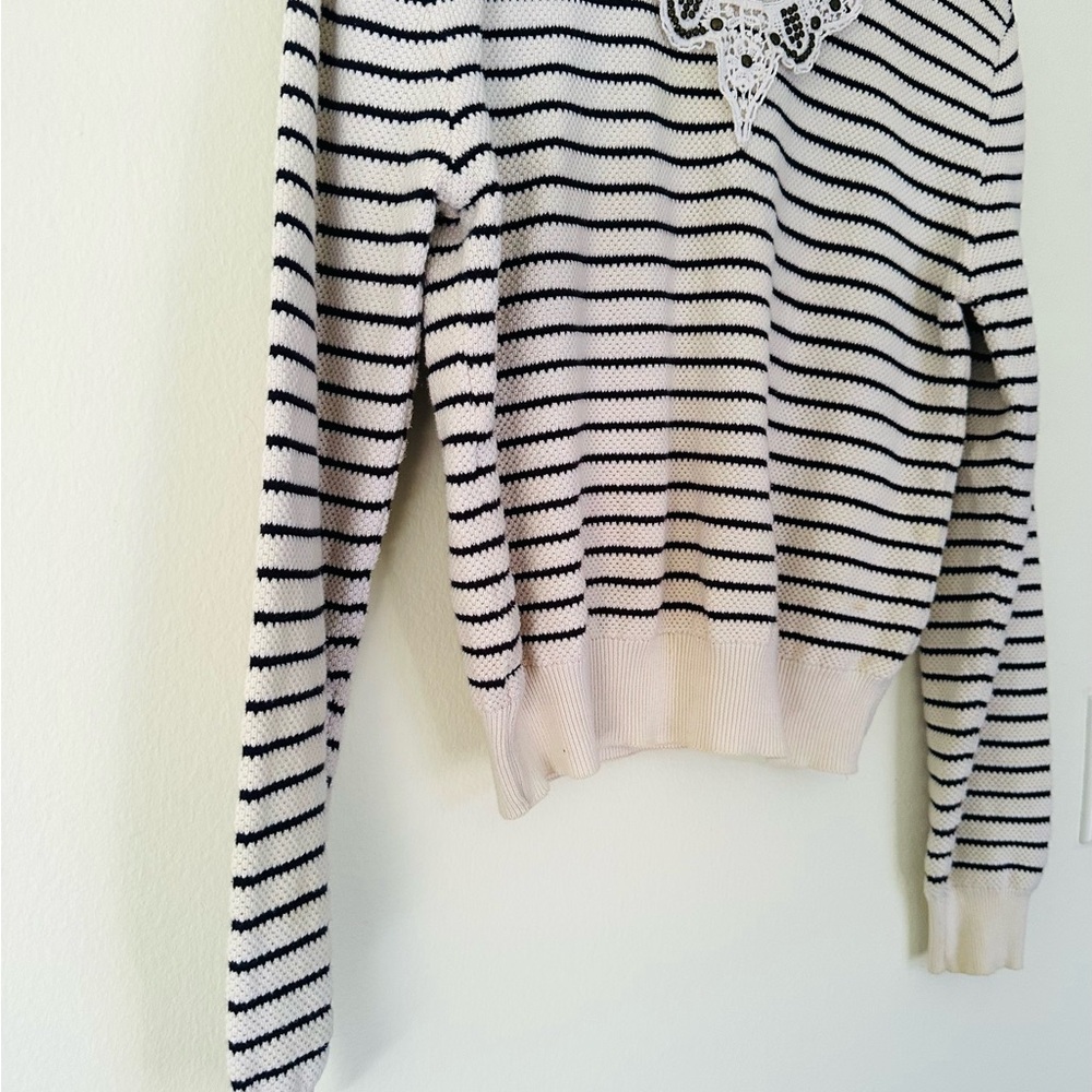 Topshop Lace Collar Striped Knit Sweater Size 10 Cream Navy Studded Crochet - Picture 4 of 6